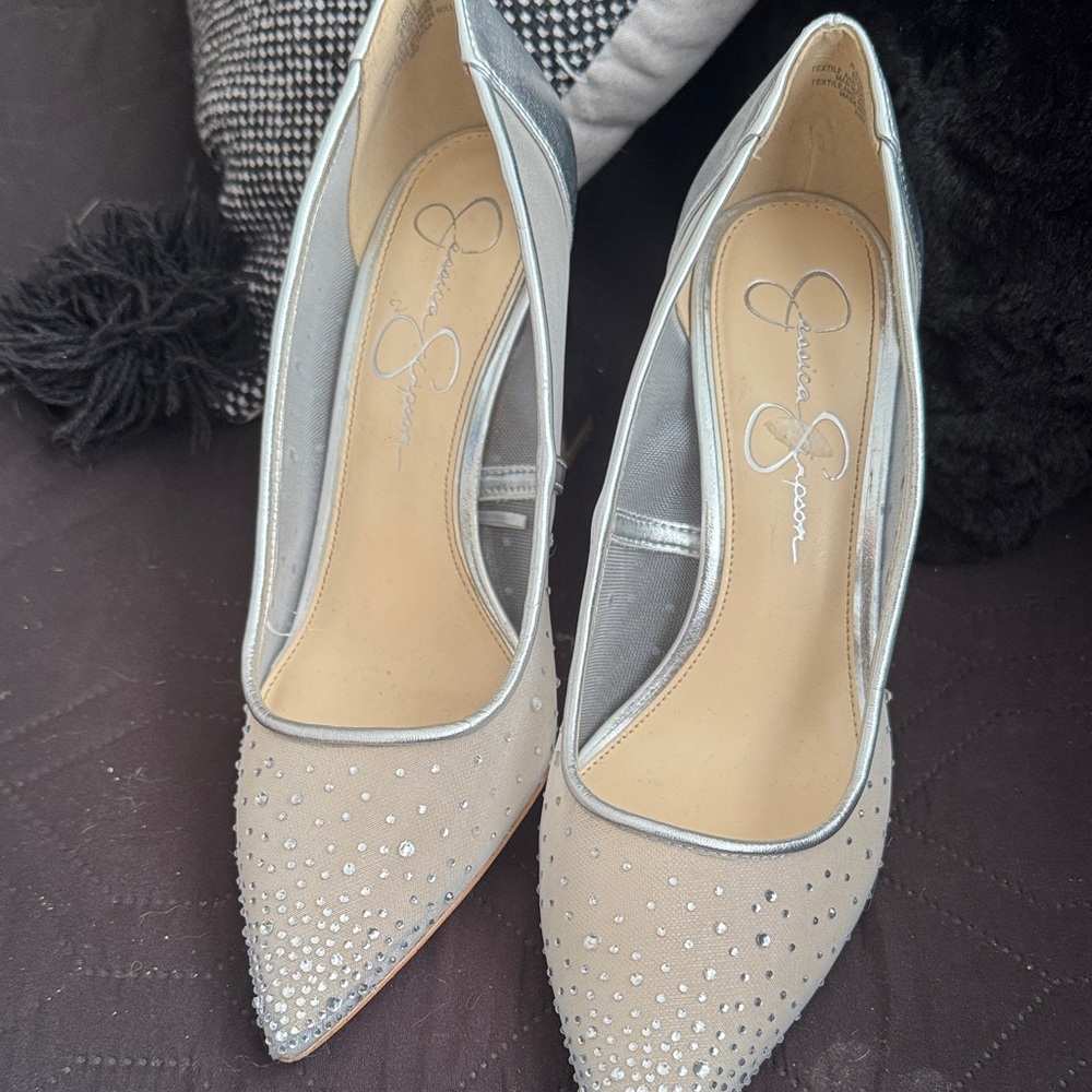 Jessica Simpson Silver and Cream Heels with Rhinestones